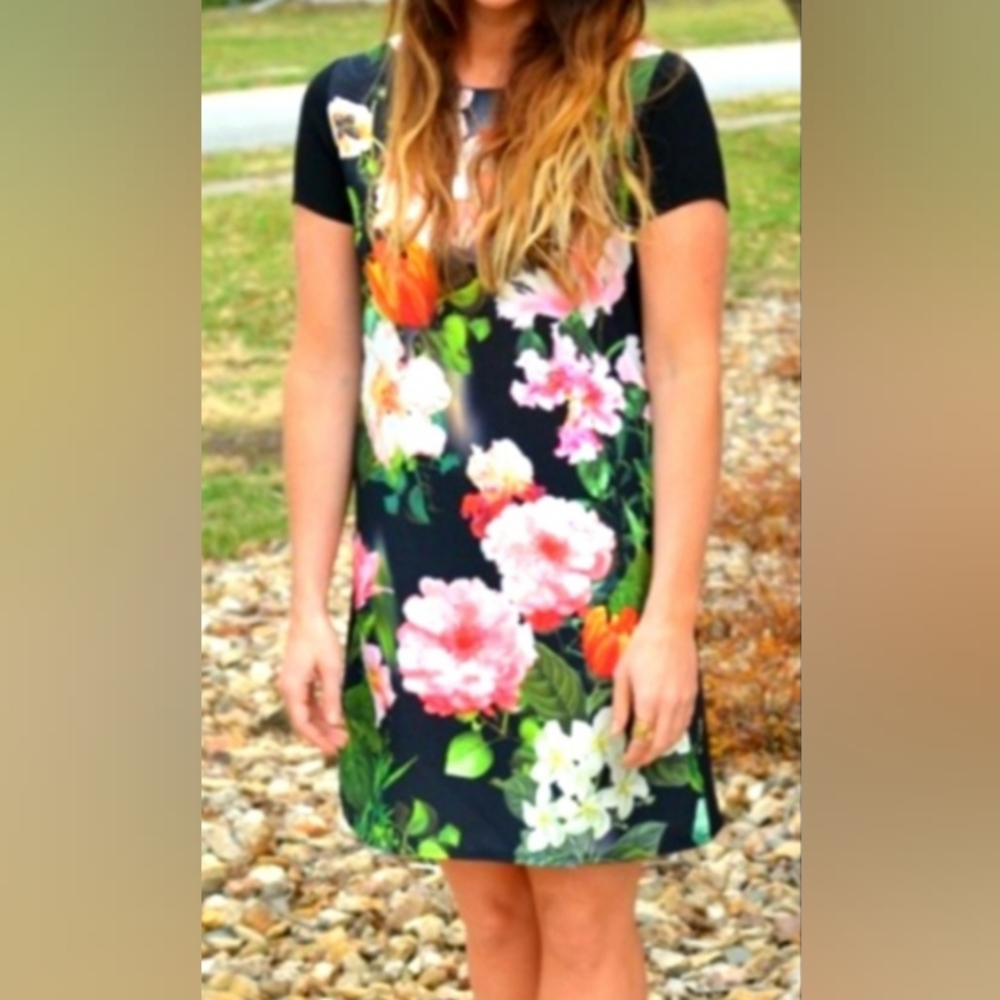Stylebook Dress Black Floral Mini Womens Size L With Back Zipper